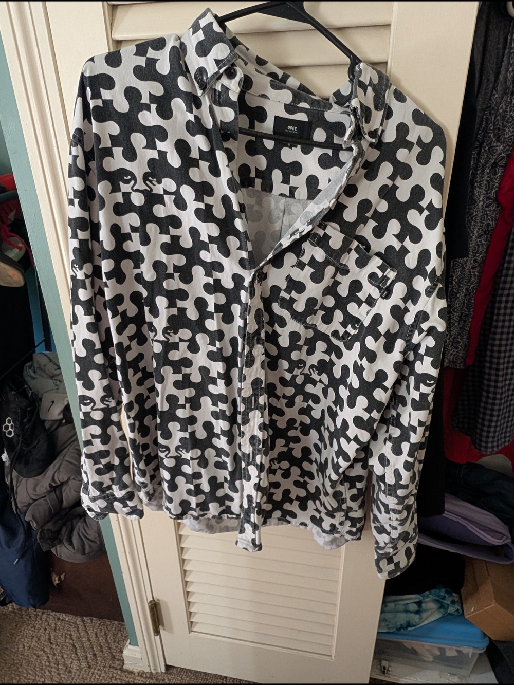 Obey Black and White Patterned Long Sleeve Button-Up Blouse